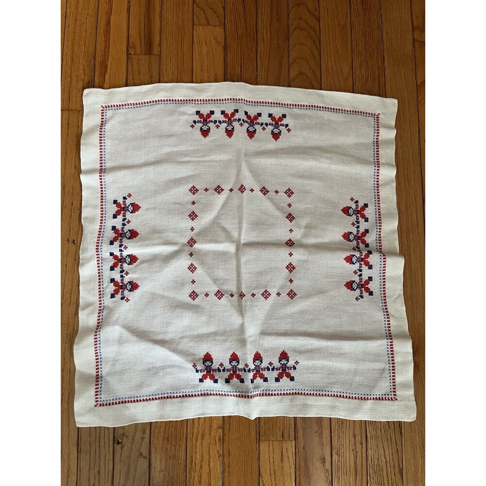 Vintage Cross Stitched Embroidered Towel Fringe Swedish Flowers Folk Art Cottage
